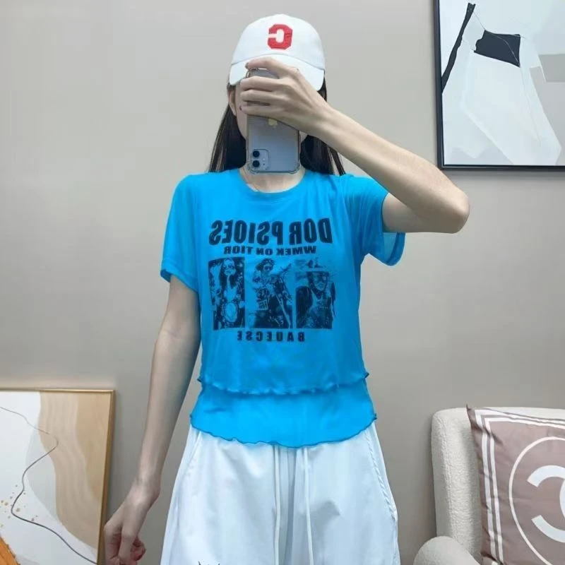 2025夏季网纱风运动风字母短袖修身型T恤蓝色纯色宽松夏季印花