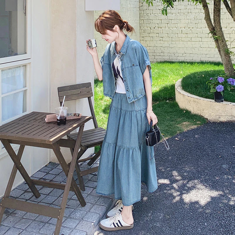 韩系复古牛仔上衣半身裙套装女2025夏季新款慵懒感遮肉显瘦两件套