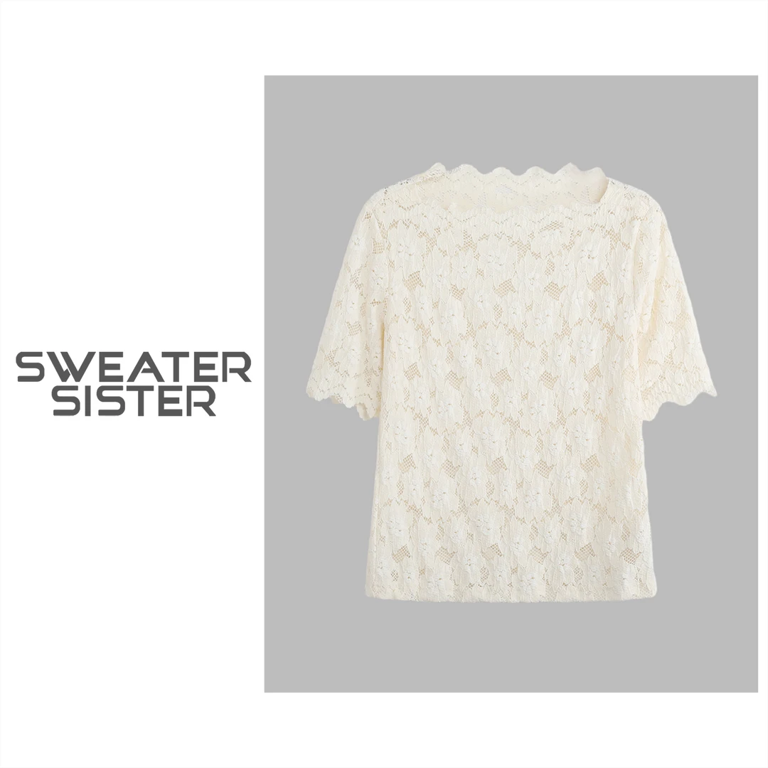 蕾丝镂空网纱打底衫气质百搭T恤衫女6699-259