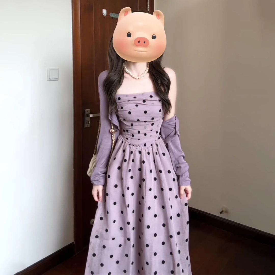 款巨好看紫色波点吊带连衣裙子女夏季法式绝美掐腰套装长裙5881