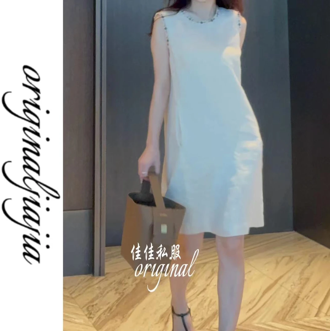 纯亚麻小香风背心连衣裙女夏高级感赫本风重工圆领无袖裙子法式