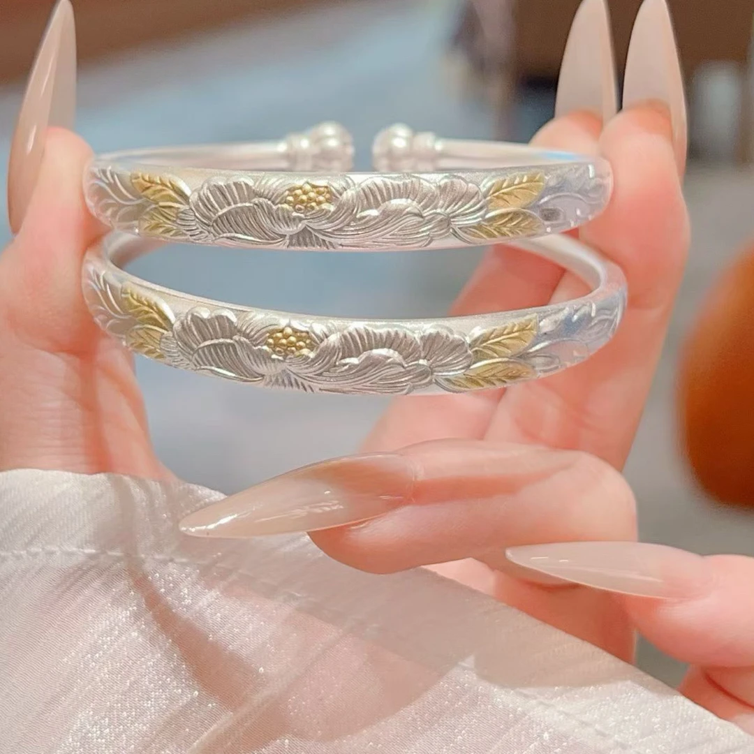 足银手镯 足银999  牡丹花手镯 描金手镯气质轻奢百搭雕刻女款