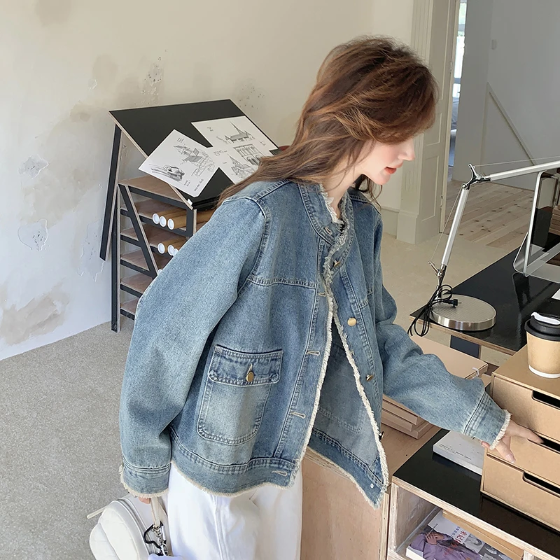 复古毛边牛仔外套女开春秋季2025新款洋气休闲宽松超好看立领上衣