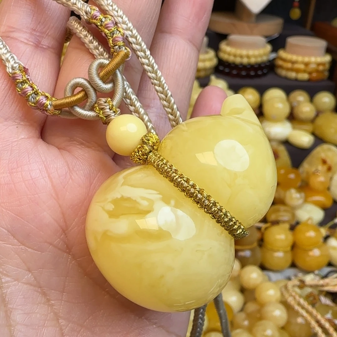 琥珀未镶嵌套链天然白花蜜蜡葫芦吊坠