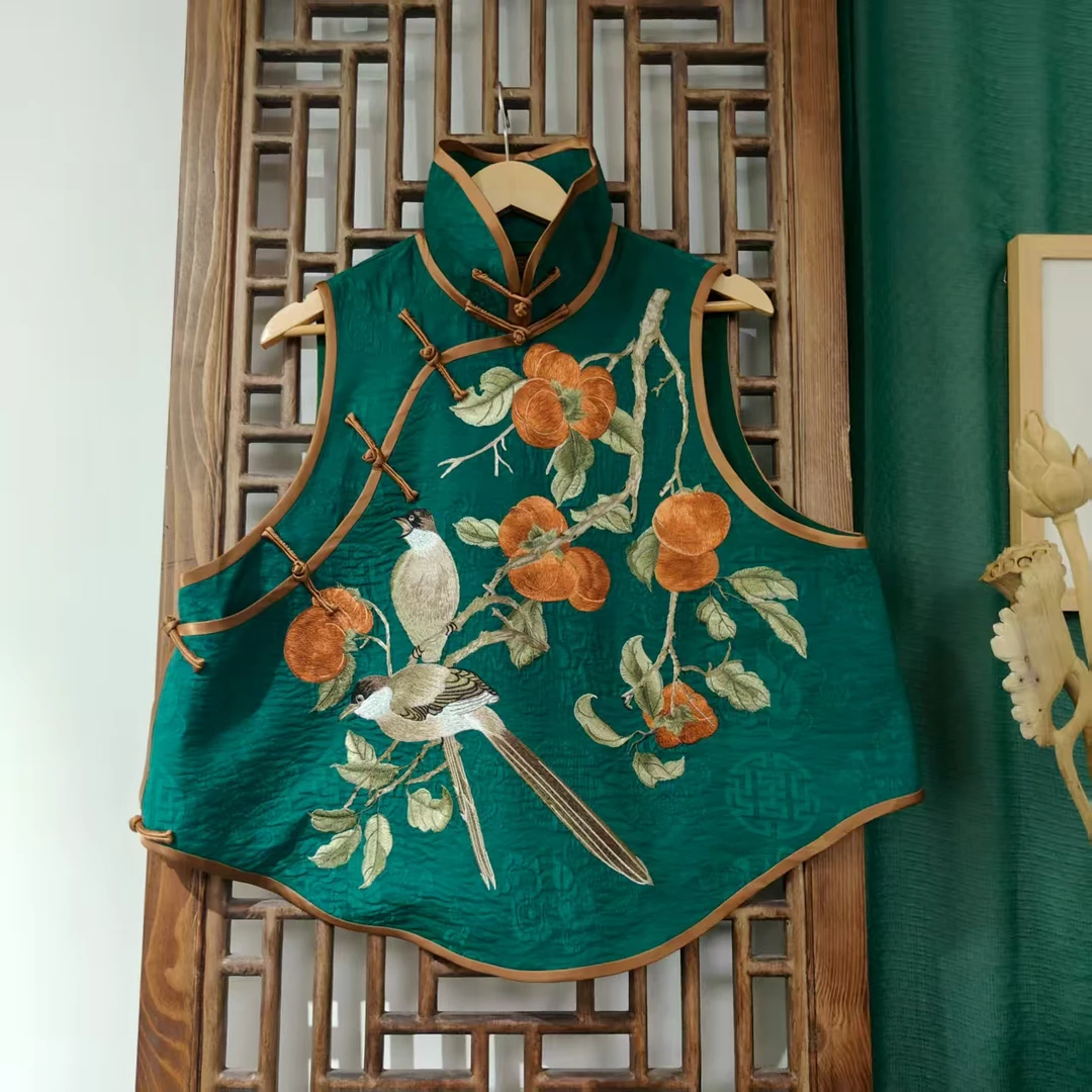 （LS629-15）凤徕兮私人定制绿色福禄底柿柿如意刺绣花盆领盘扣马甲