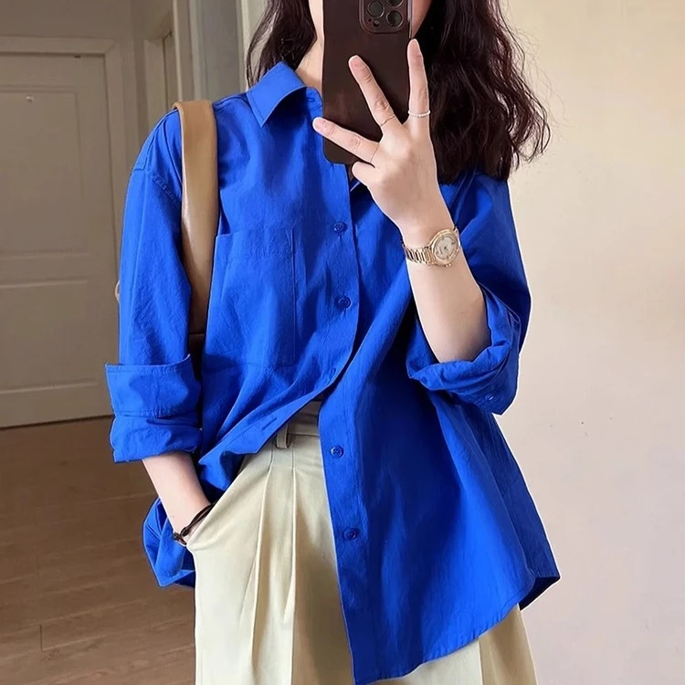 法式克莱因蓝长袖纯棉衬衫女早秋上衣时尚百搭外穿衬衣女 四季通