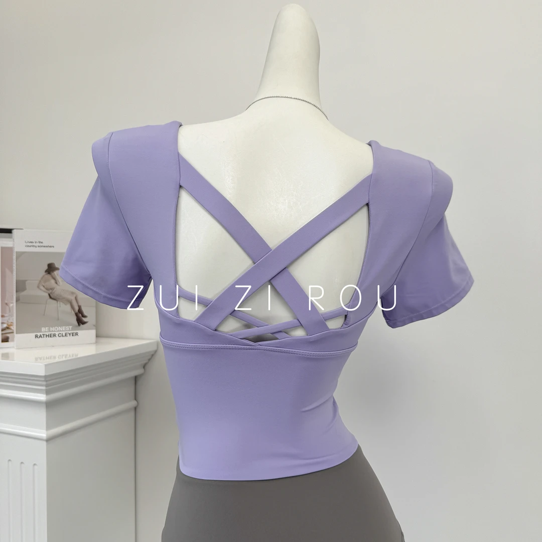 瑜伽服女运动上衣高级感短袖带胸垫普拉提跳操T恤显瘦美背健身服