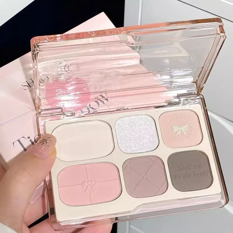 2025新款蝴蝶结六色眼影盘哑光珠光日常淡妆大地色平价高颜值彩妆
