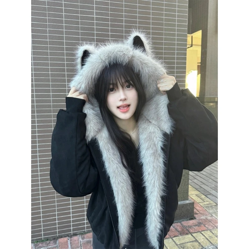 猫耳朵黑色座山雕毛领棉服外套男女冬季加厚保暖棉衣美式短款棉袄