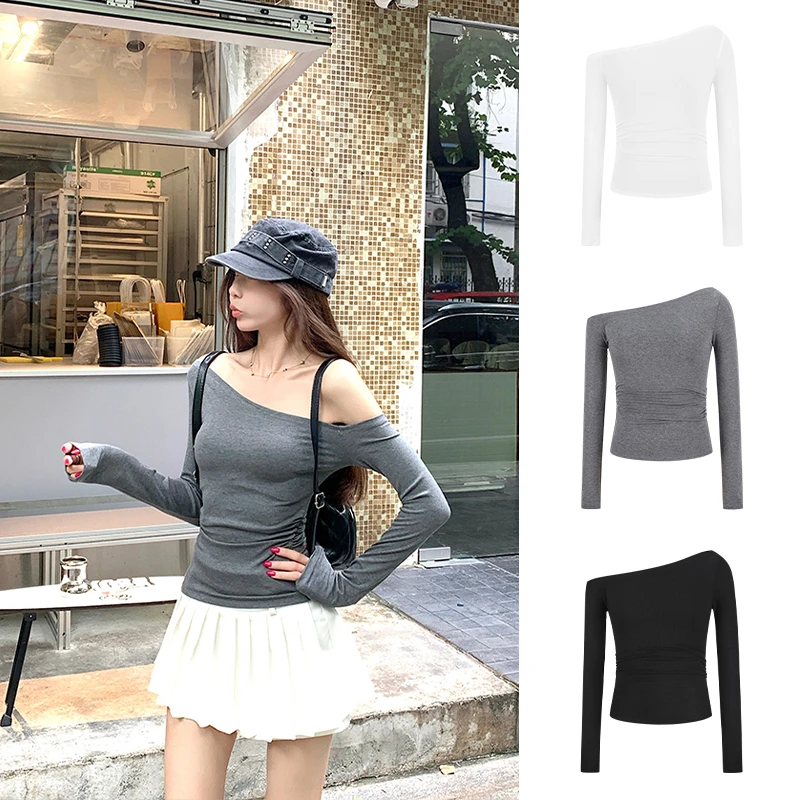 Moses Queen/魔西女王通勤辣妹风斜肩长袖t恤女修身显瘦百搭上衣