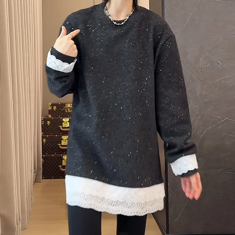 韩版简约风圆领长袖下摆蕾丝拼接T恤2025春季新款软糯百搭上衣女