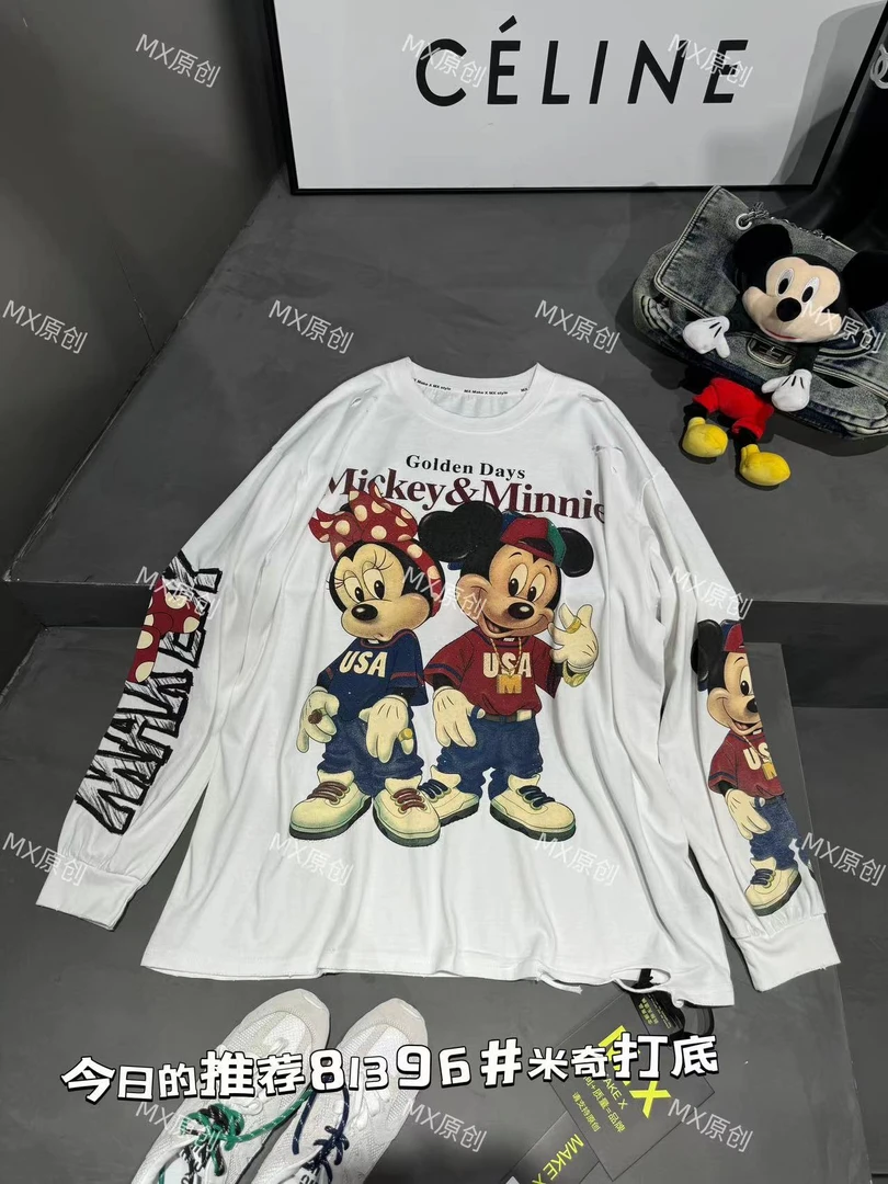 长袖宽松型少女风T恤春款卡通米奇ol印花圆领春夏休闲秋冬潮流