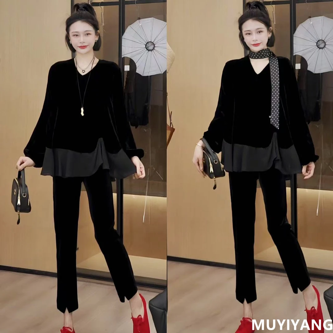 【星落】小众设计感下摆荷叶边丝绒高定两件套 衣长68 25-081#