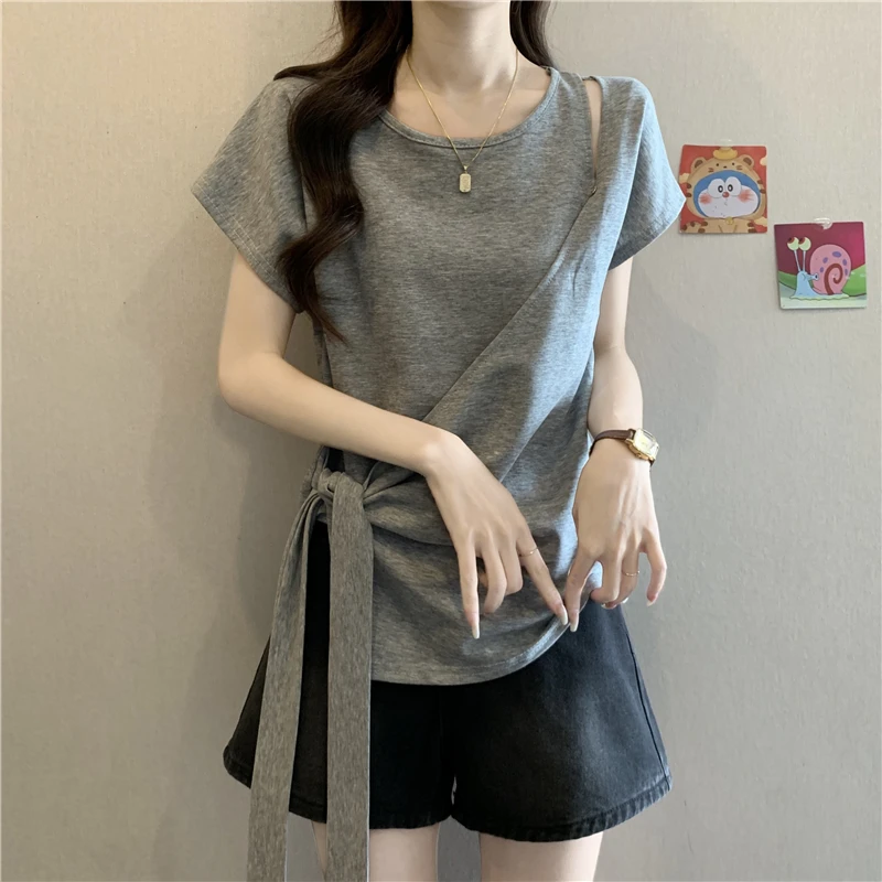 大码女装遮肚子不规则绑带正肩短袖T恤女胖妹妹显瘦遮肉别致上衣