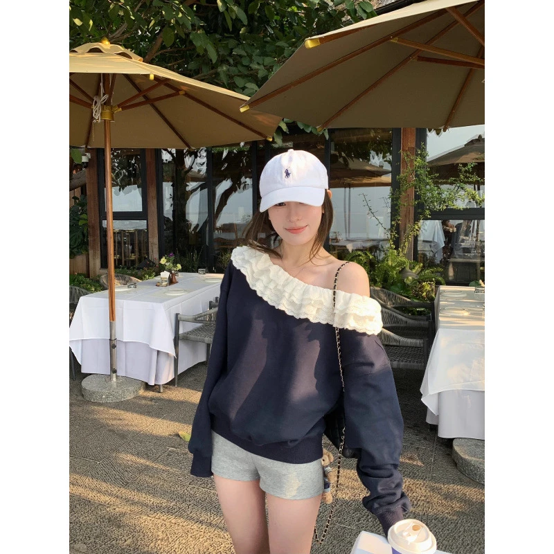韩女法则藏青色斜肩卫衣女2025新款蕾丝花边小众长袖上衣