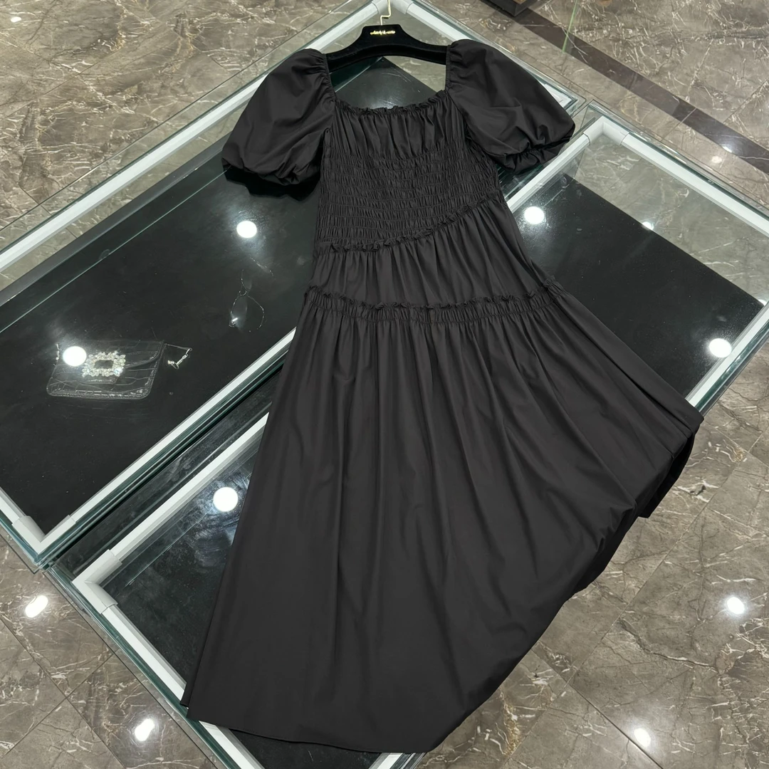 2025新款泡泡袖法式方领优雅收腰显瘦连衣裙-2478