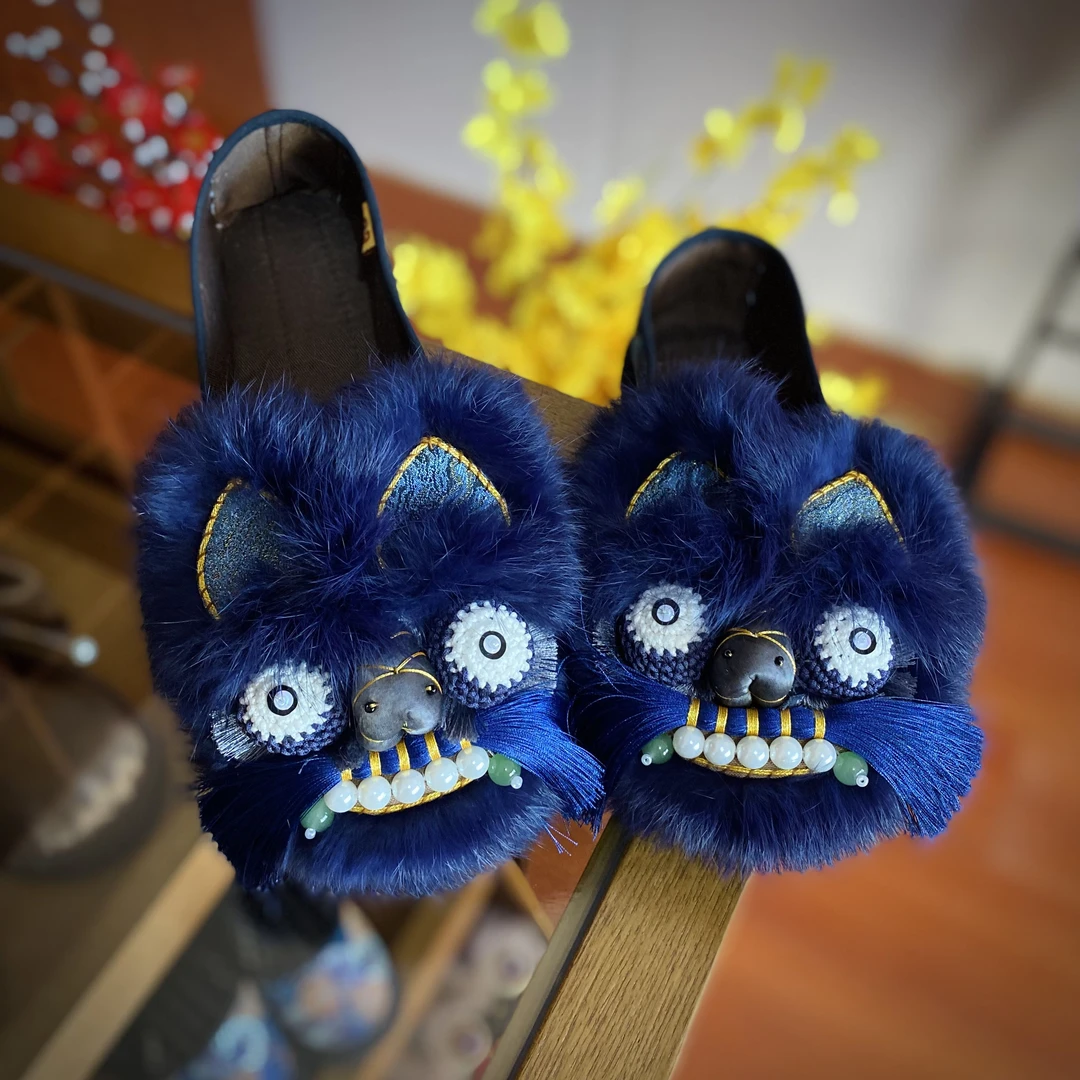 锦琛布鞋冬季加绒民族风千层底居家毛绒厚底虎头鞋国风加厚保暖