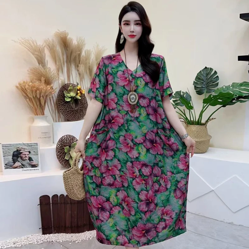 连衣裙时尚中老年女装天丝棉麻大码宽松复古大花摆裙长裙8989-2