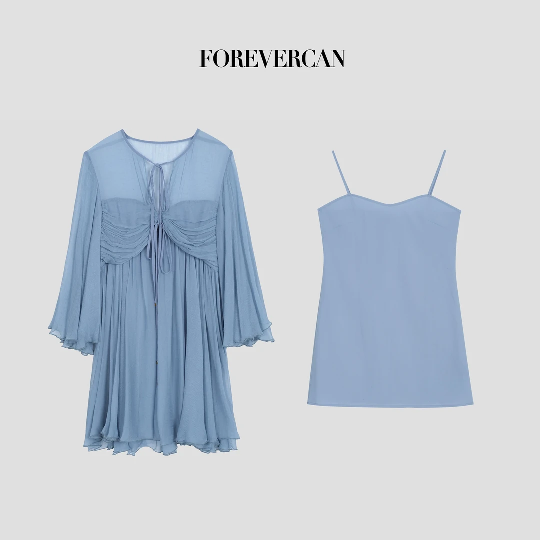 FOREVERCAN“假日海风”立体剪裁法式喇叭袖高腰连衣裙SD23502