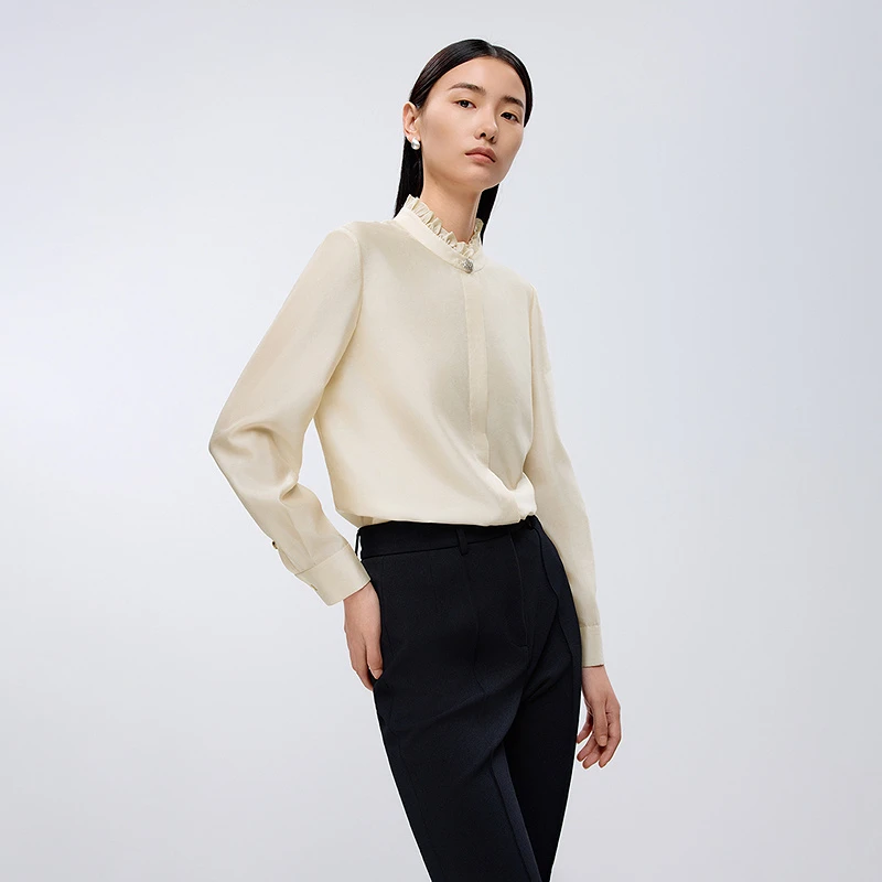 【商场同款】Y 2025年春新款法式花边立领衬衫女气质优雅长袖衬衣上
