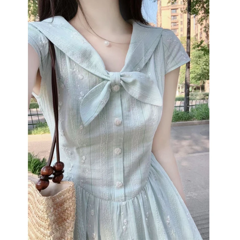 夏季绝美小裙子清冷贵气高级感大方得体独特漂亮掐腰蓝色连衣裙女