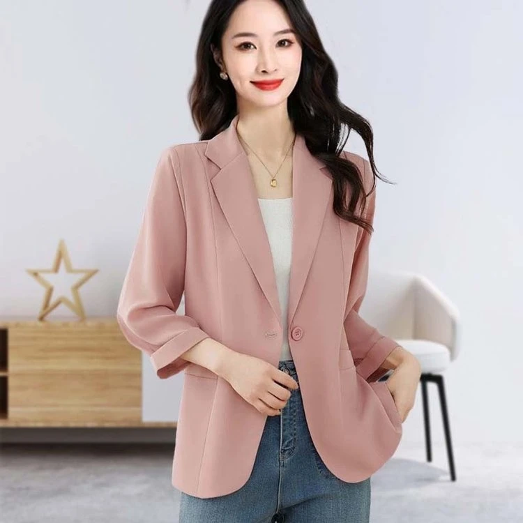 粉色雪纺小西装外套女2025新款夏季薄款休闲西服七分袖冰丝防晒衫