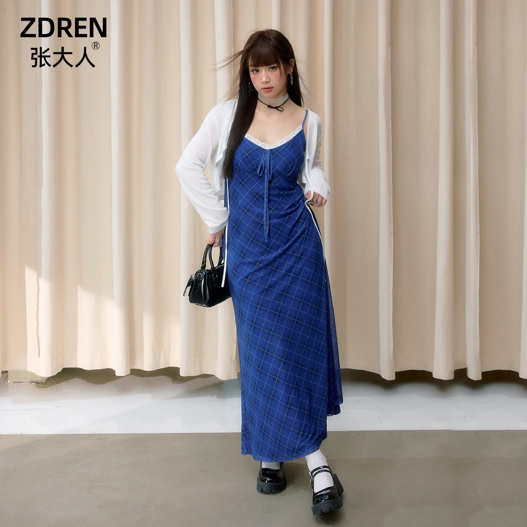 张大人【梵高星空】大码女装微胖妹妹纯欲风蕾丝边V领格纹吊带裙