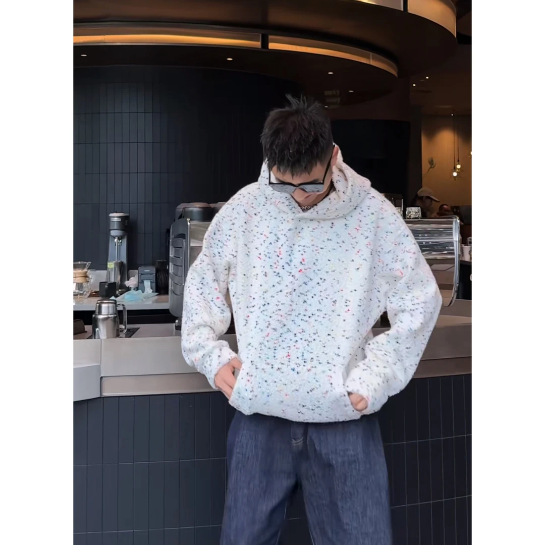 YULE语乐 86022小香风编织提花彩点连帽卫衣冬季加绒加厚针织帽衫