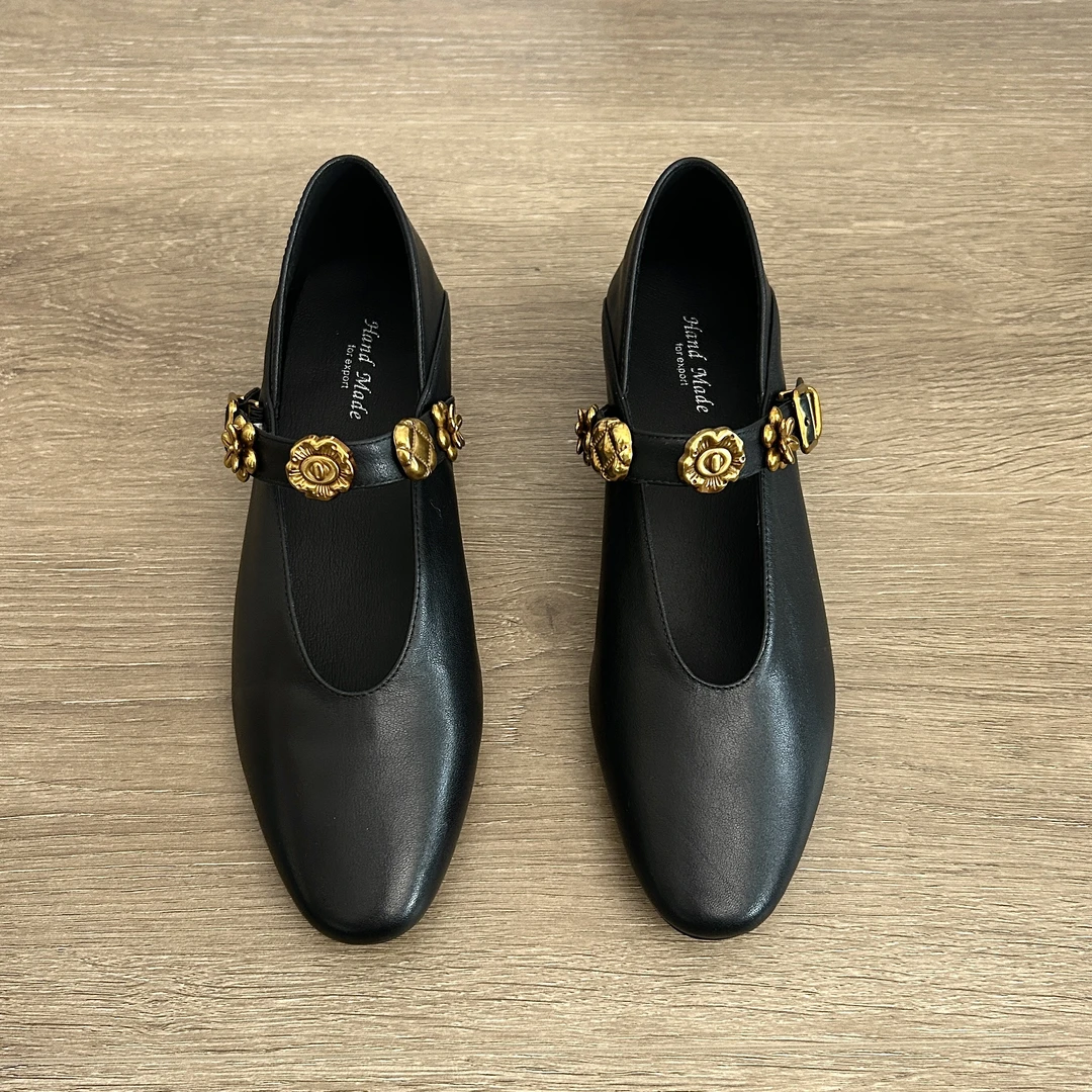 Dannyfrey头层小牛皮小香风金属扣复古一字带女圆头浅口玛丽珍鞋