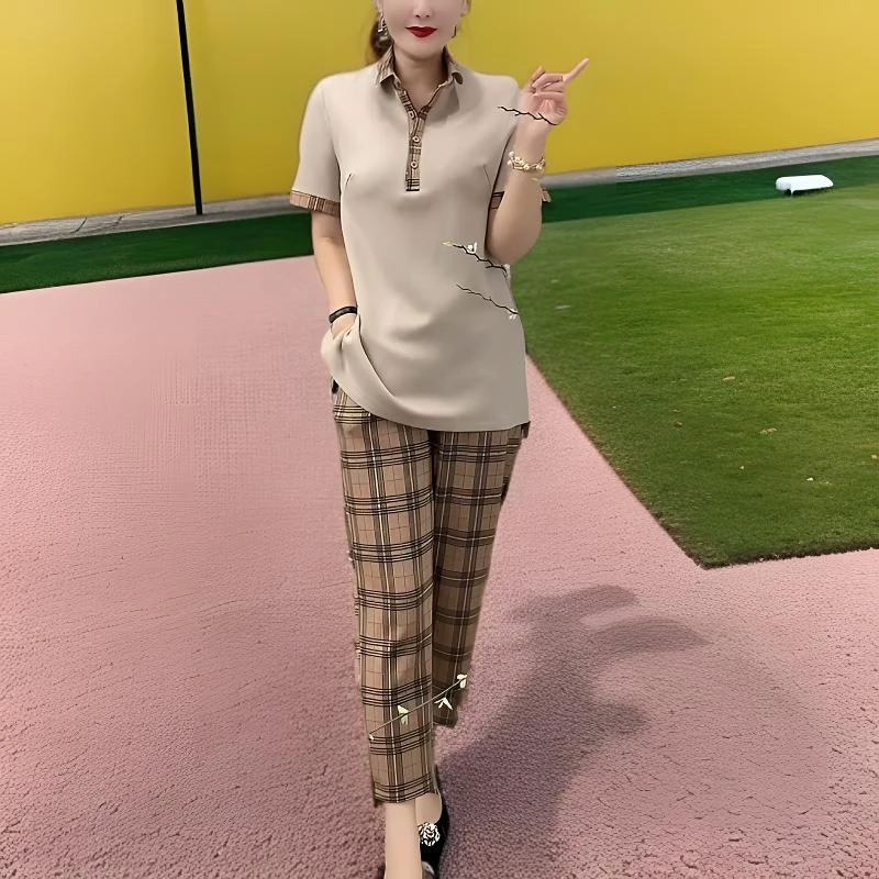 新款夏季条格POLO领短袖两件套装气质轻薄透宽松休闲运动中老年