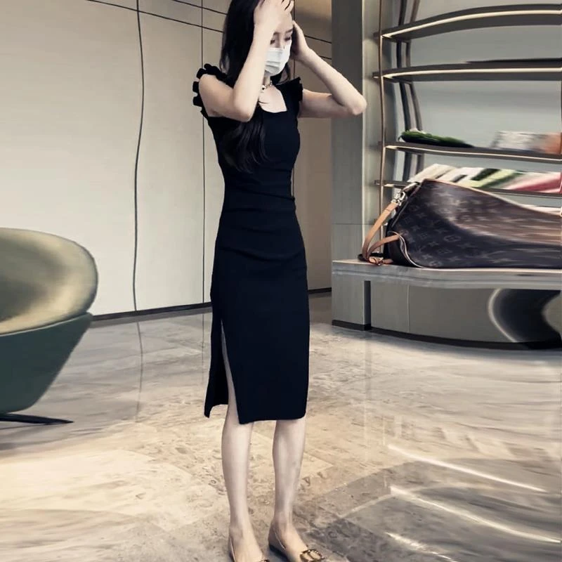 夏季女装名媛修身小飞袖中长款开叉连衣裙气质木耳边吊带小黑裙