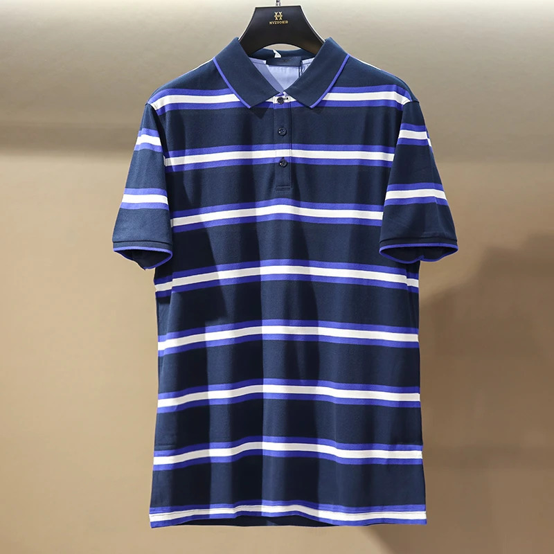 春夏休闲条纹衬衫领短袖T恤8030