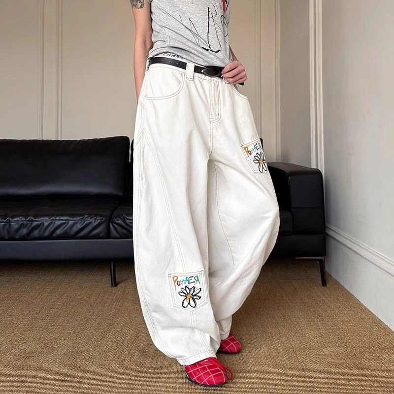 达蒙岛美式复古花卉刺绣阔腿弯刀牛仔裤男vintage显瘦情侣休闲裤