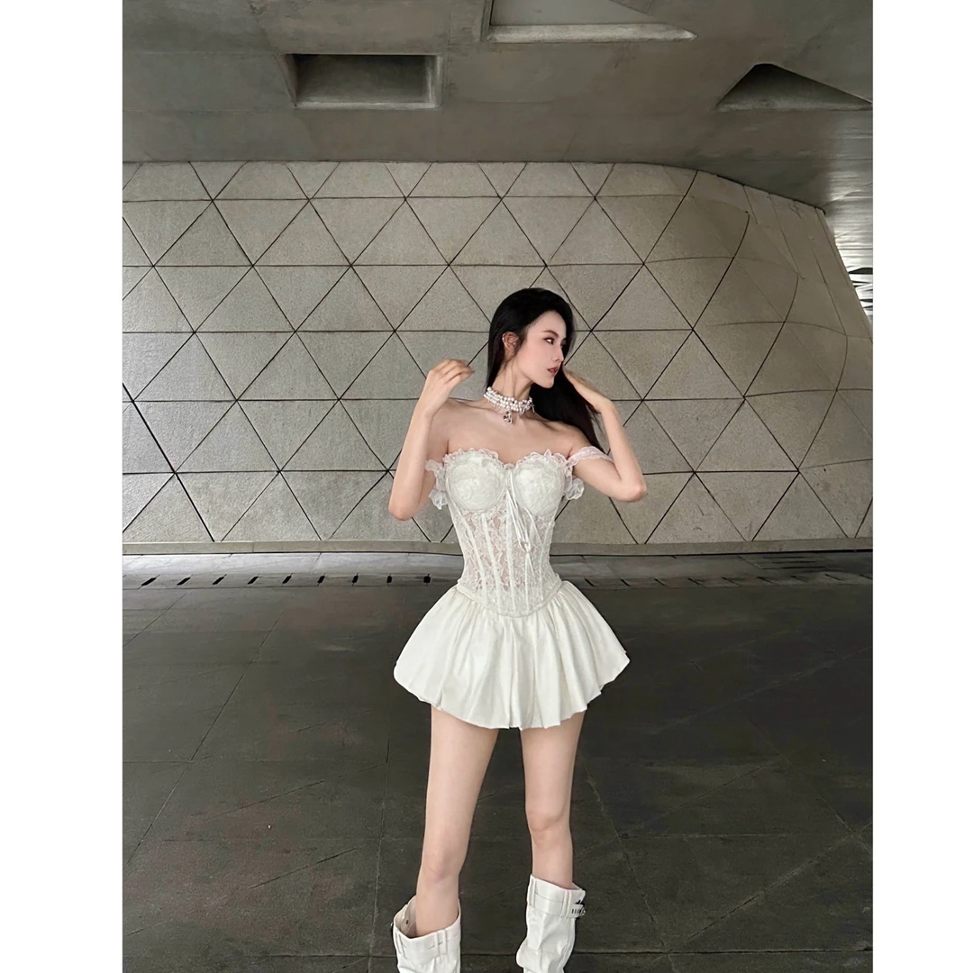 BETTER ME 白色蕾丝花边一字肩挂肩俩穿鱼骨抹胸修身显瘦露肩上衣