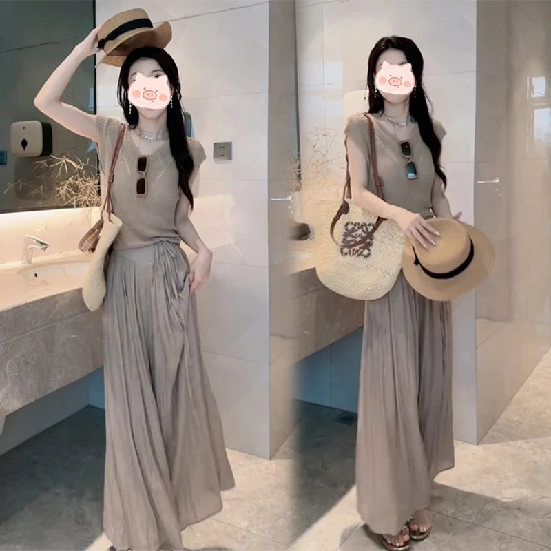 夏天搭配一整套时尚修身显瘦V领针织上衣高腰阔腿裤两件套女新款