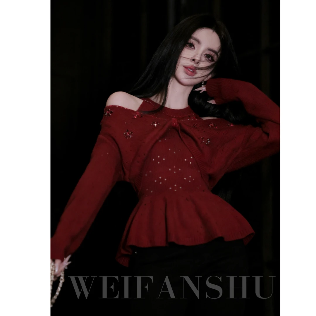 WEIFANSHU/魏凡舒【派对邂逅】新款设计感时尚露肩针织上衣两件套