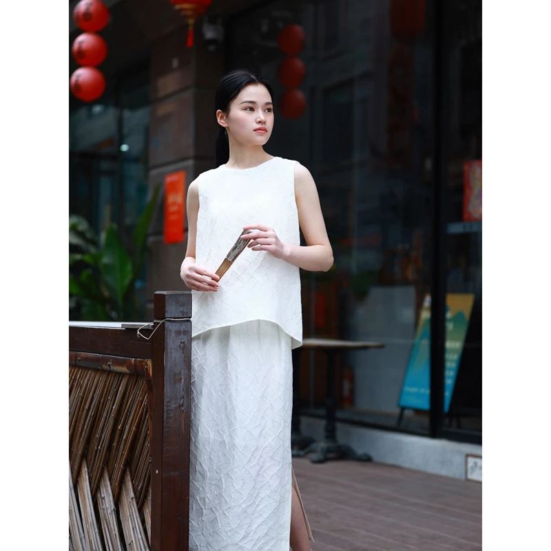 【羿尘】原创新中式唐式上衣无袖坎肩纯白丝麻透气宽松感背心内搭