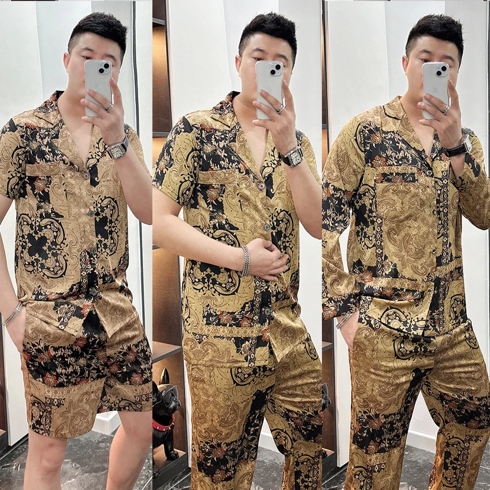 男士大码印花短袖长裤睡衣套装2025夏季薄款欧洲站冰丝家居服男款