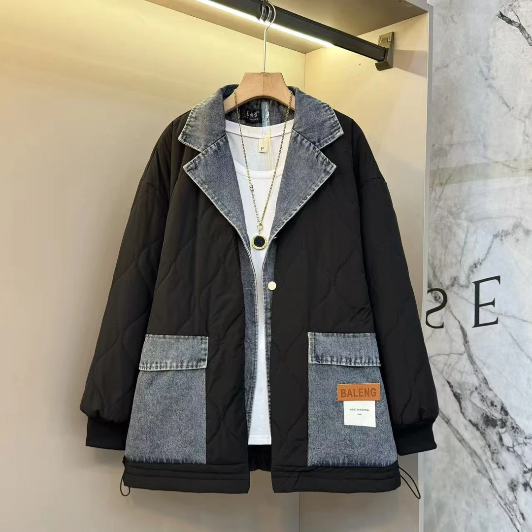 2025冬百搭时尚欧货翻领牛仔拼接洋气加厚胖mm洋气保暖外套8596
