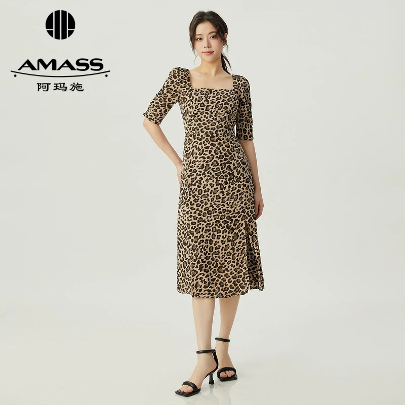 阿玛施夏季方领复古豹纹法式收腰开叉连衣裙长裙5500406长款豹纹