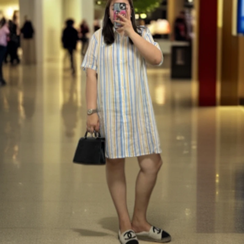 简单大方高级感条纹宽松亚麻POLO领度假风连衣裙大码微胖显瘦