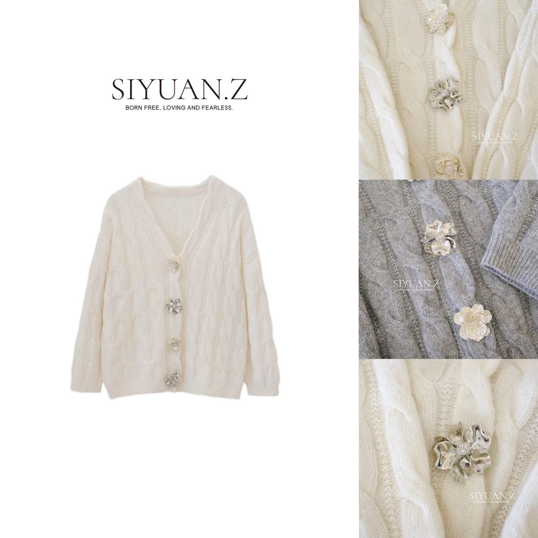 【SIYUAN.Z】“山茶花”花朵装饰扣内有暗扣麻花针织开衫时尚百搭气质