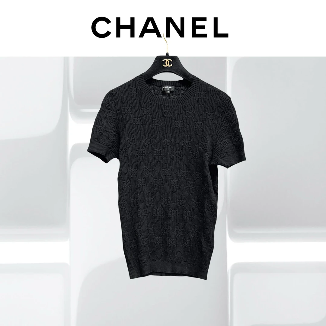 99新 Chanel/香奈儿 40码21P黑色双C暗纹针织短袖T恤