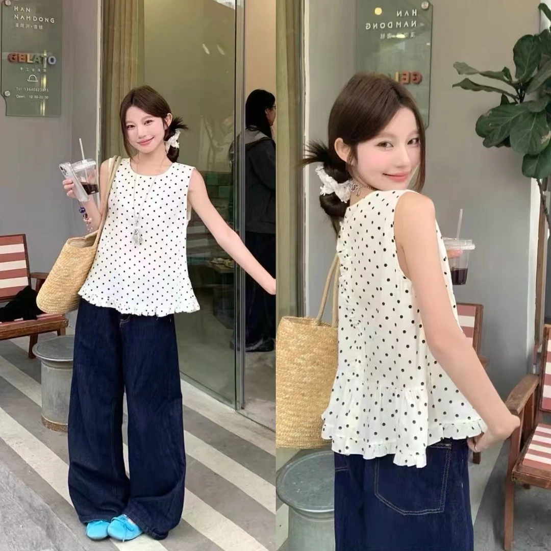 百搭前后两穿波点夏季压褶法式无袖衬衫韩版碎花显瘦印花气质#624