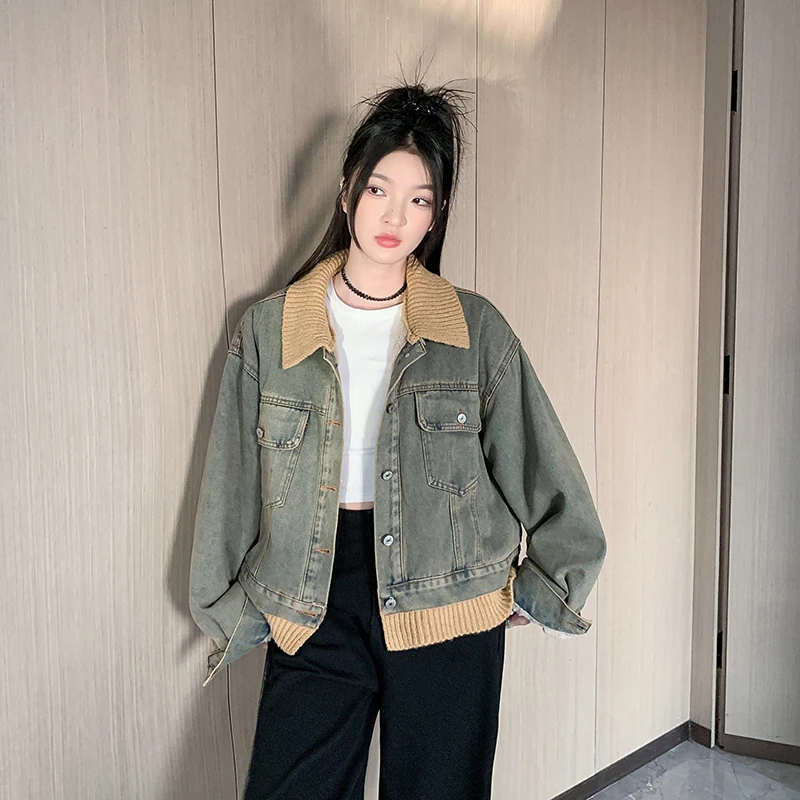 复古短款加绒加厚牛仔外套女秋冬新款宽松设计感拼接时尚上衣夹克