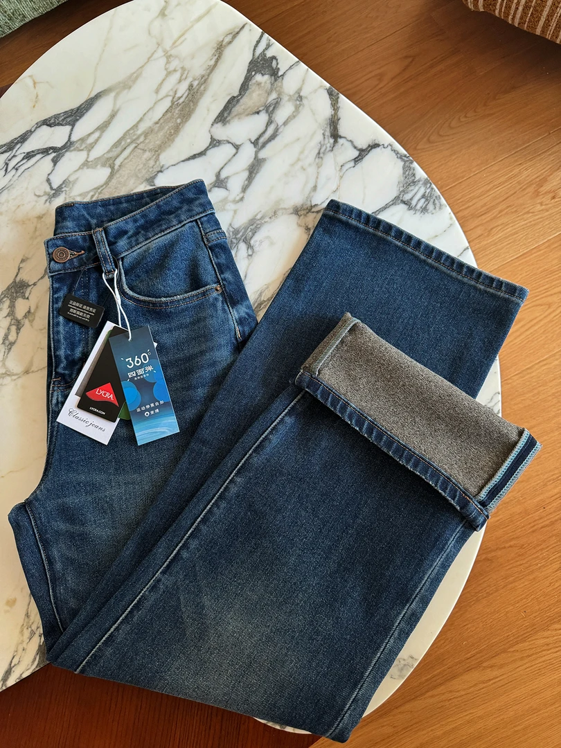 一体绒加绒加厚牛仔裤女窄版阔腿裤保暖显瘦长裤2025冬季新款