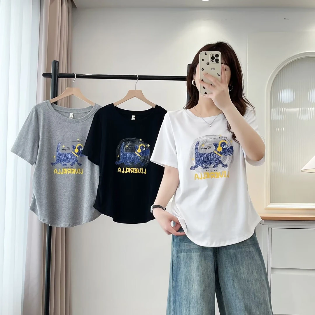 大码胖mm设计感休闲时尚减龄小狗印花T恤女夏季新款上衣正肩遮肉
