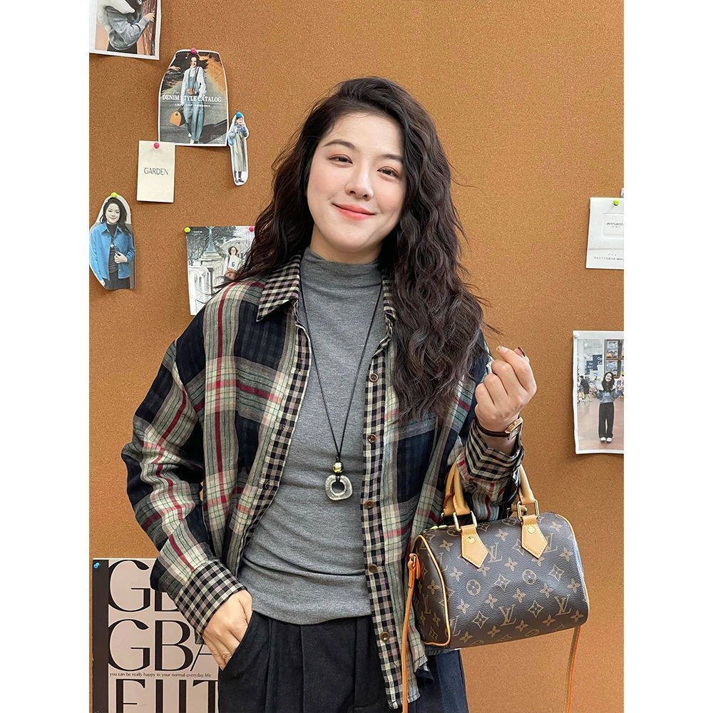 WenWen小个子韩版格子拼接设计休闲时尚衬衫薄外套百搭上衣4262