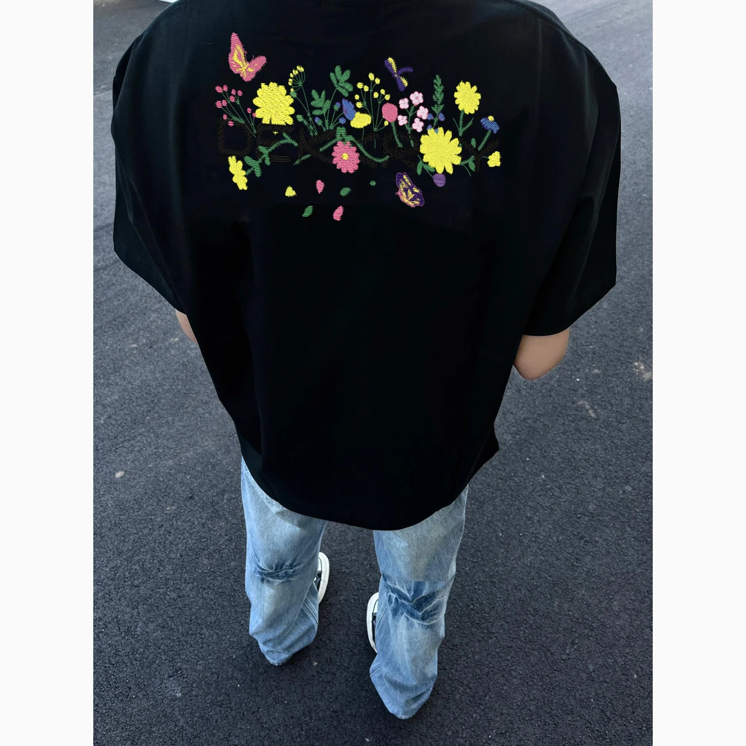 labzaa美式纯棉男女黑色短袖t恤ins花花字母印花情侣夏季百搭短袖