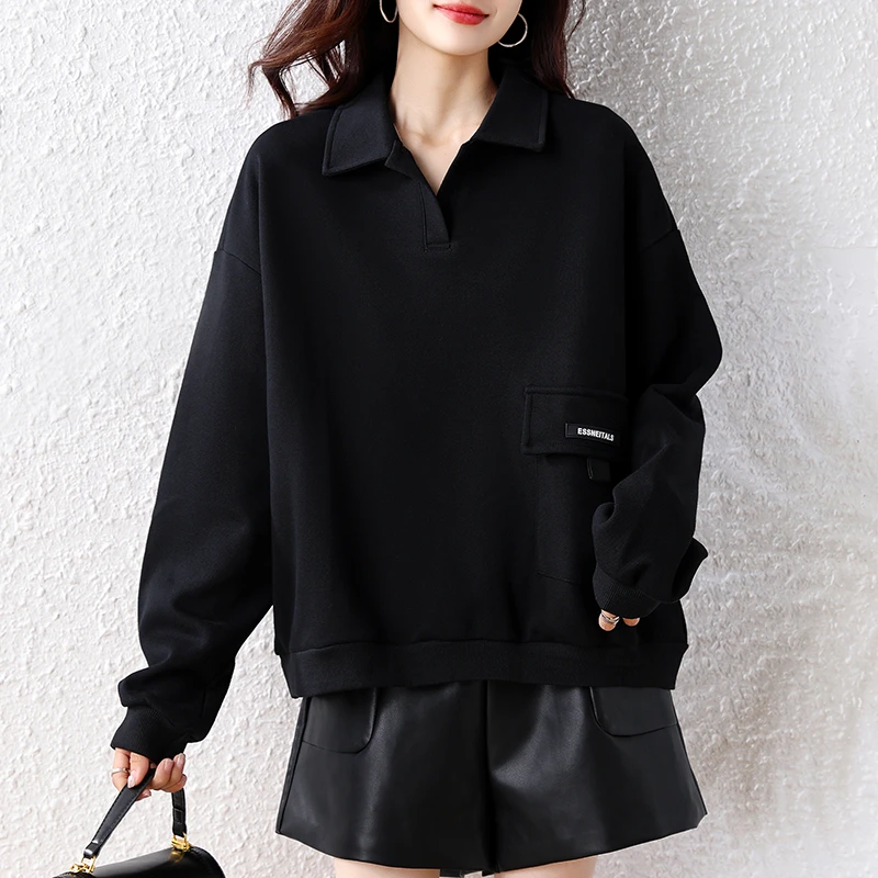 【女神新衣】翻领黑色卫衣2025秋季宽松显瘦长袖短款百搭休闲上衣